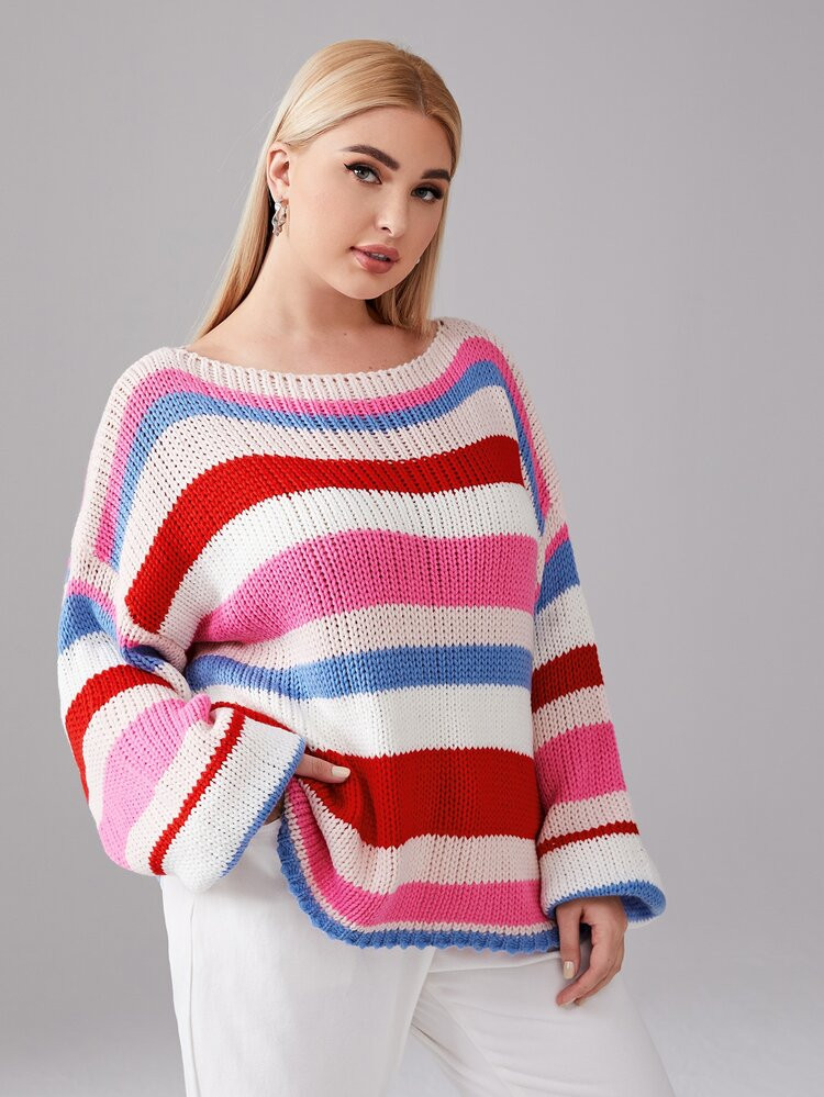 SHEIN Plus Drop Shoulder Colorful Striped Sweater | SHEIN