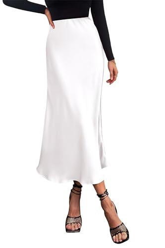 PRETTYGARDEN Women's Satin Skirts Dressy Casual 2025 Fall High Waisted Cocktail Wedding Flowy Elegant A Line Midi Skirt (White,Small) | Amazon (US)