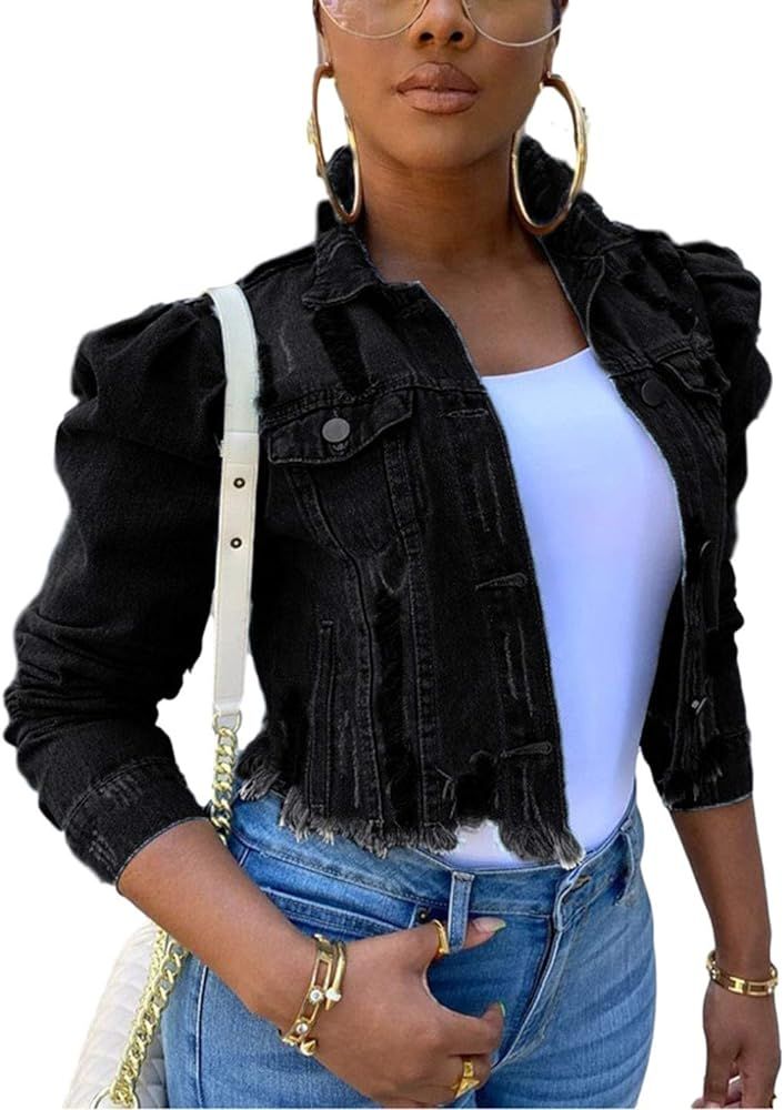 Omoone Women's Ripped Puff Sleeve Denim Crop Top Long-Sleeve Cropped Jean Jacket | Amazon (US)