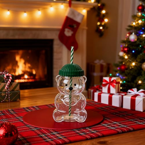 Christmas Bear Coffee Cups, Bear Sippy Straw Cup with Lids & Straw, 19Oz Cute Mugs Holiday Glass Cups Wine Juice Milk Smoothies Drinks Glassware Birthday Gifts (Christmas Green, 19 OZ) | Amazon (US)