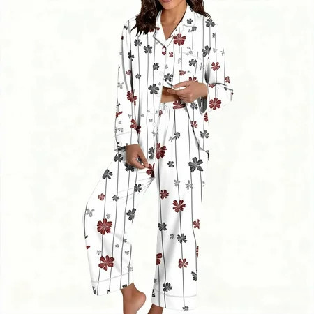 Tnhcen Women's Christmas Pajama Set 2-Piece Holiday Family Matching Pajamas Festive Flannel Sleepwear Long Sleeve Button-Up PJ Set Christmas Print Pajamas for Women S-3XL | Walmart (US)