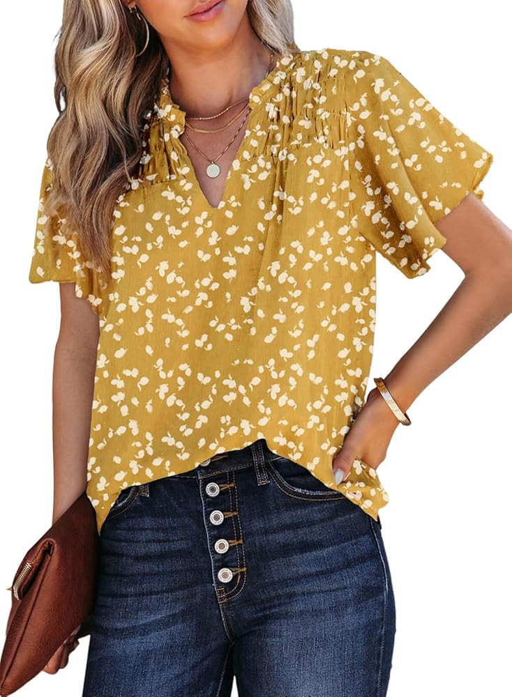 SHEWIN Women's Casual V Neck Floral Print Smocked Short Sleeve Chiffon Blouses Bohemian Top Shirt... | Amazon (US)