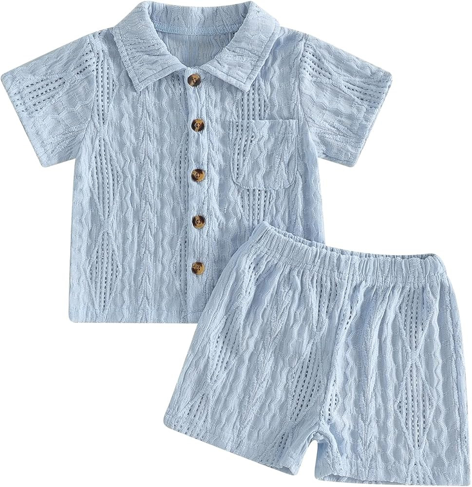 Baby Boy Summer Outfit Infant Striped Button Down Short Sleeve Shirt Tops Shorts Casual Toddler B... | Amazon (US)