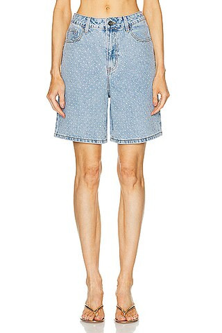 self-portrait Rhinestone Denim Shorts in Denim-Light | FWRD 