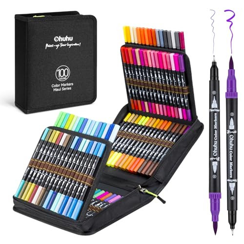 Ohuhu Colouring Pens 100 Colours, Dual Tip Brush Pens Felt Tip Pens Art Markers with Fineliner for Adults Colouring Book Drawing Calligraphy Sketching Journal, Maui - Carrying Bag | Amazon (UK)