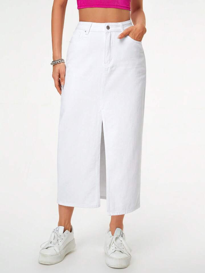 High Waist Split Thigh Denim Skirt | SHEIN