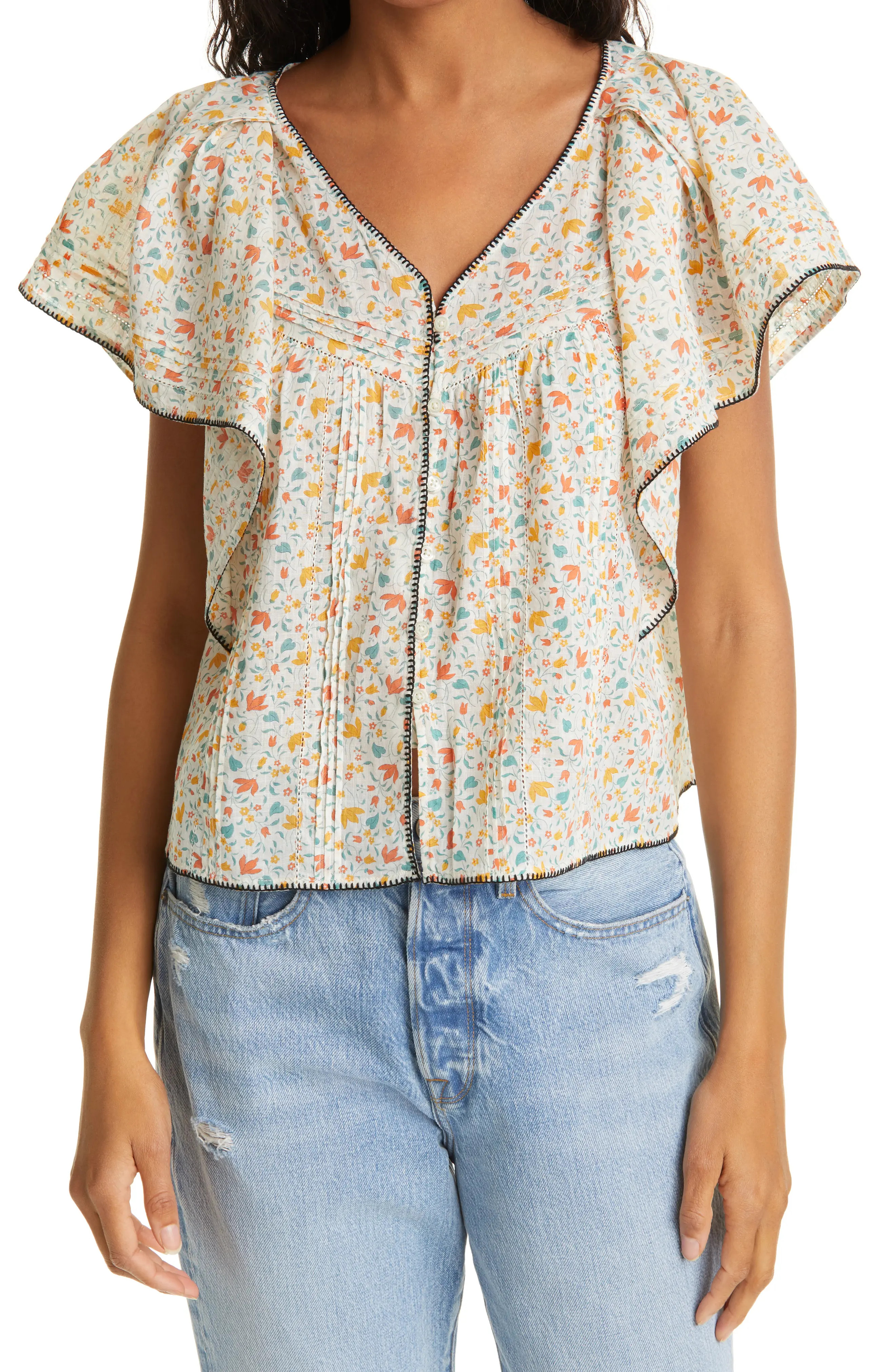 THE GREAT. Floral Whipstitch Shirt in Pastel Floral at Nordstrom, Size 3 | Nordstrom