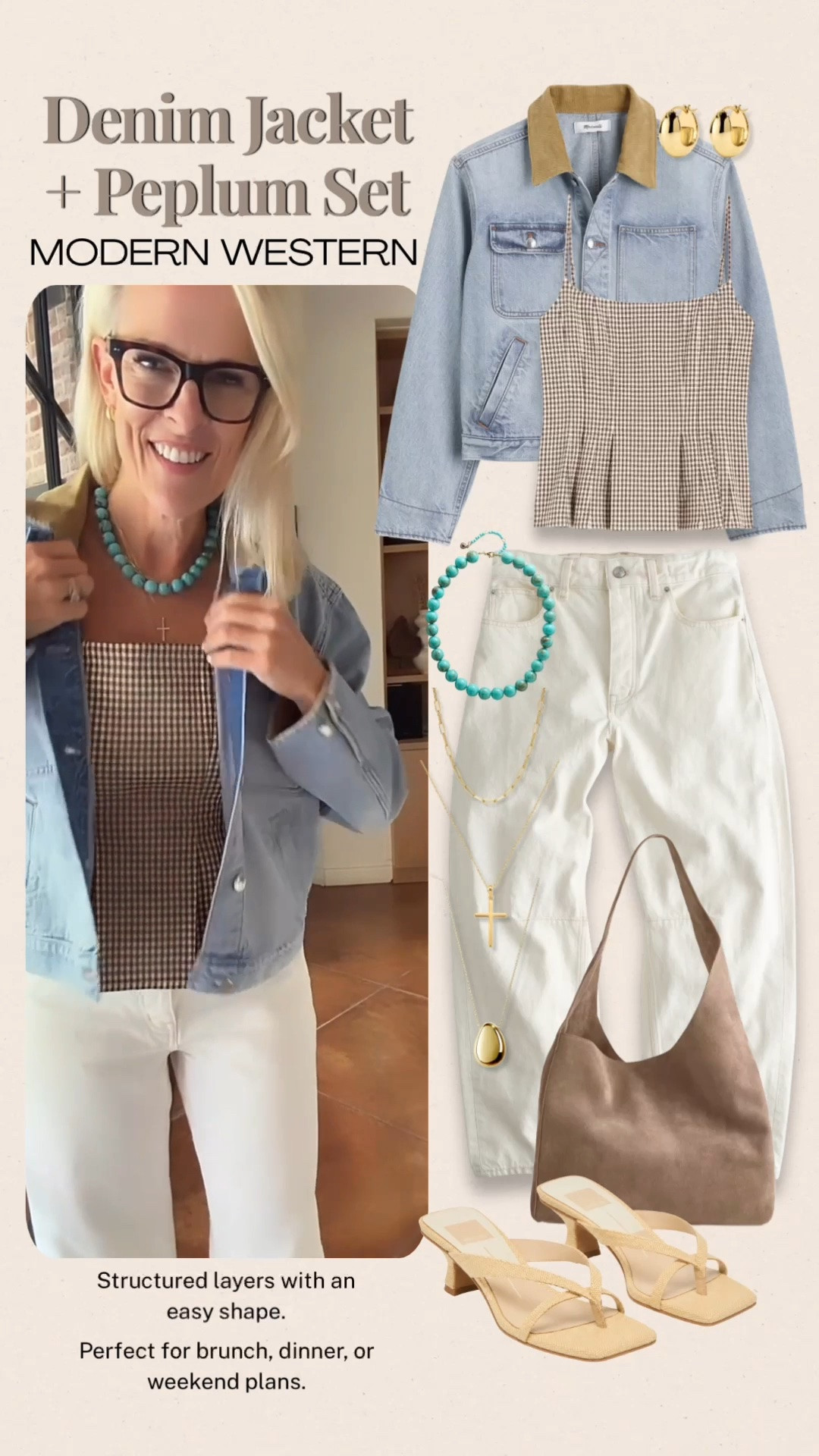 This gingham peplum top is such a fun way to add shape and interest to a classic denim jacket and white jeans. The structured silhouette still feels easy to wear, and I love this combination for brunch, dinner, or weekend plans. Add a soft brown bag and neutral heels for a polished finish.

💡 LTK MADE EASY
❤️ Heart = Support my posts!
🔖 Save = Get sale & restock alerts
📋 Lists = Keep favorites organized
📲 Share = Send lists and products to a friend. Hello, Christmas List!
💬 Comment = Ask me anything about what I’m wearing. :-)

#LTKootd #LTKOver40 #LTKgrwm