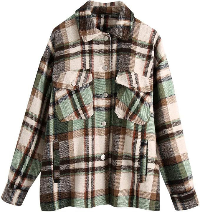 ebossy Women's Vintage Oversized Button Down Wool Blend Plaid Shirt Jacket Shacket | Amazon (US)