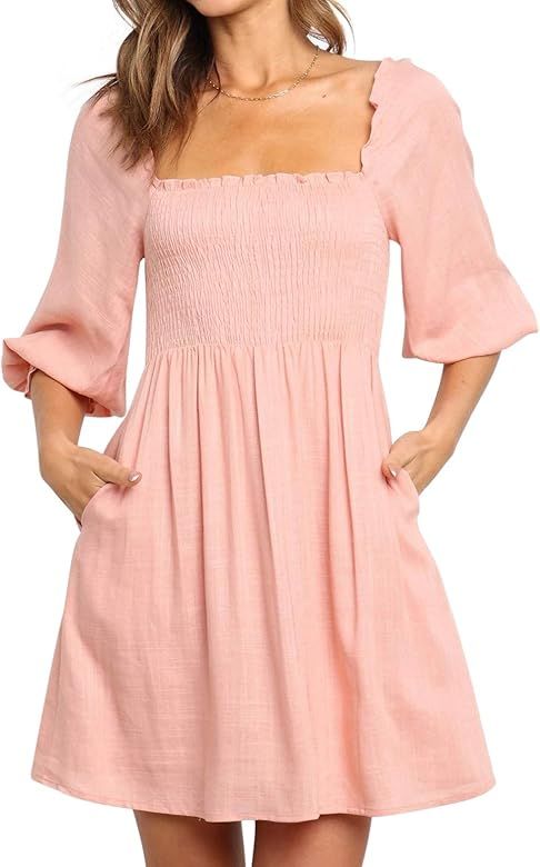 R.Vivimos Women's Summer Cotton Puff Sleeves Empire Waist Casual Polka Dots Mini Dress with Pocke... | Amazon (US)