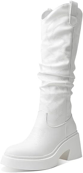 Mattiventon Mid Calf Cowgirl Boots for Women Chunky Platform Embroidery Cowboy Boots Pull on Mid ... | Amazon (US)