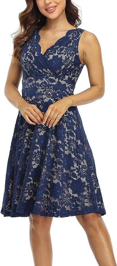 MISS MOLY Women's Floral Lace Overlay Fit and Flare Dress Sexy V-Neck Knee Length Elegant Party W... | Amazon (US)