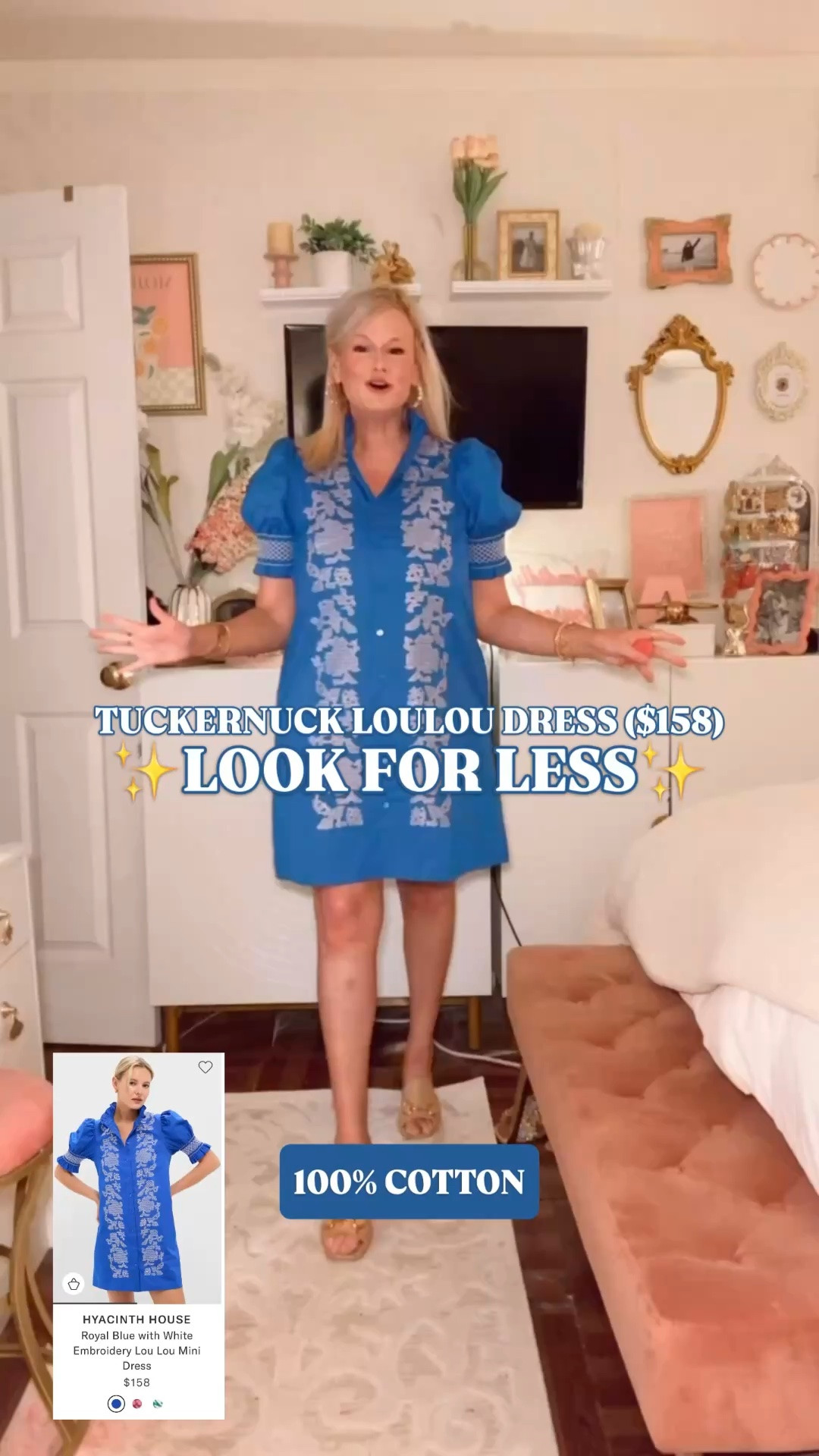 Tuckernuck Lou Lou dress look for less | Amazon embroidered dress | blue and white dress | cotton mini dress | vacation dress

The $158 Tuckernuck Lou Lou look, but costs way less on Amazon. 

This is the dress for the woman who loves the Tuckernuck look but does not want every dress to come with a $158 receipt. The royal blue and white color story, embroidered front panels, high ruffle neckline, puff sleeves, smocked cuffs, button front, tunic mini shape, and side pockets give it that same polished Lou Lou energy for way less.

I’m in a medium. True to size.

The embroidery gives the dress that crisp, expensive-looking detail that makes it feel more like a designer resort find. Add the puff sleeves, ruffle collar, and blue-and-white palette, and it reads very Tuckernuck without the Tuckernuck math.

This is the Amazon dress to pack for beach vacations, resort lunches, cruise outfits, lake weekends, beach town shopping, summer brunch, casual dinners, Fourth of July weekend, girls trips, vacation sightseeing, and every warm weather plan this summer. 

Tuckernuck Lou Lou dress look for less, Tuckernuck Lou Lou dress dupe, Tuckernuck look for less, Tuckernuck inspired dress, Amazon embroidered dress, Amazon dress find, blue and white dress, embroidered mini dress, cotton mini dress, 100 cotton dress, puff sleeve dress, ruffle neck dress, button front dress, dress with pockets, tunic dress, resort mini dress, vacation dress, beach vacation outfit, cruise outfit, Fourth of July outfit, preppy summer dress, coastal summer dress, summer outfit, designer look for less

#LTKFindsUnder50 #Tuckernuck #AmazonFashionFinds #FeminineStyle #WeddingGuestDress #SummerDress #SummerOutfit #WeddingGuestOutfit #PreppyStyle #LookForLess

#LTKWedding #LTKSeasonal #LTKootd