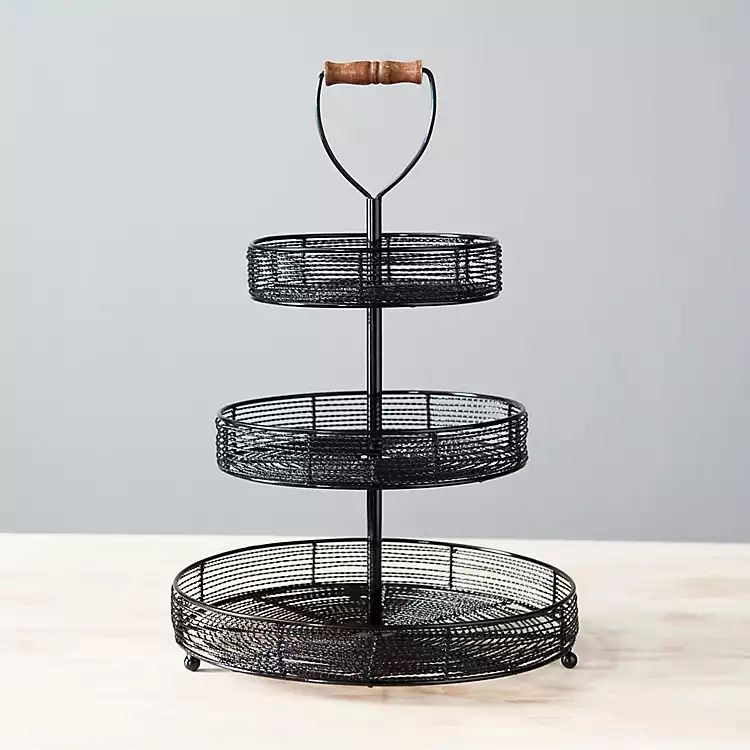 Black Wire and Wood 3-Tier Fruit Basket | Kirkland's Home