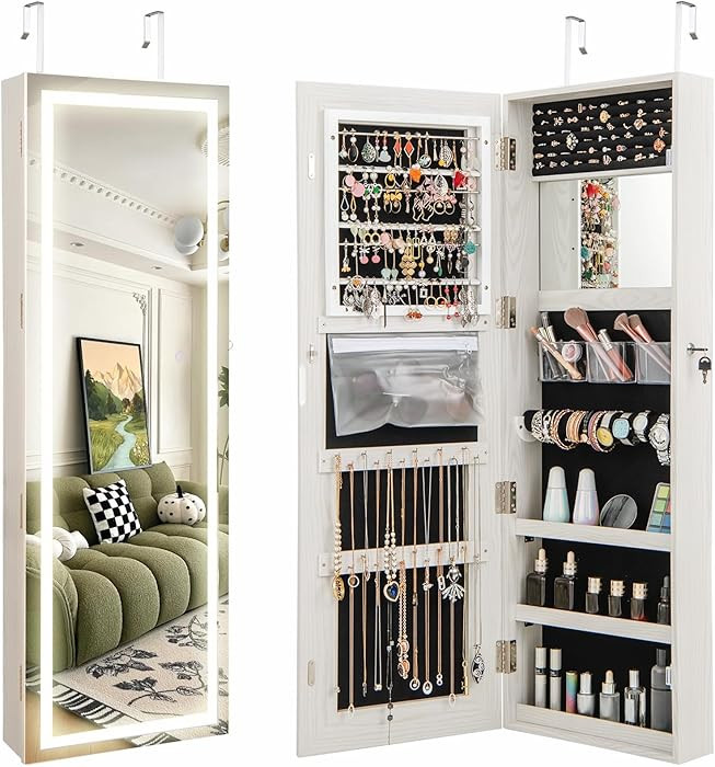 CHARMAID LED Mirror Jewelry Cabinet, 47.2'' Jewelry Armoire with Adjustable Lighted Full Length M... | Amazon (US)