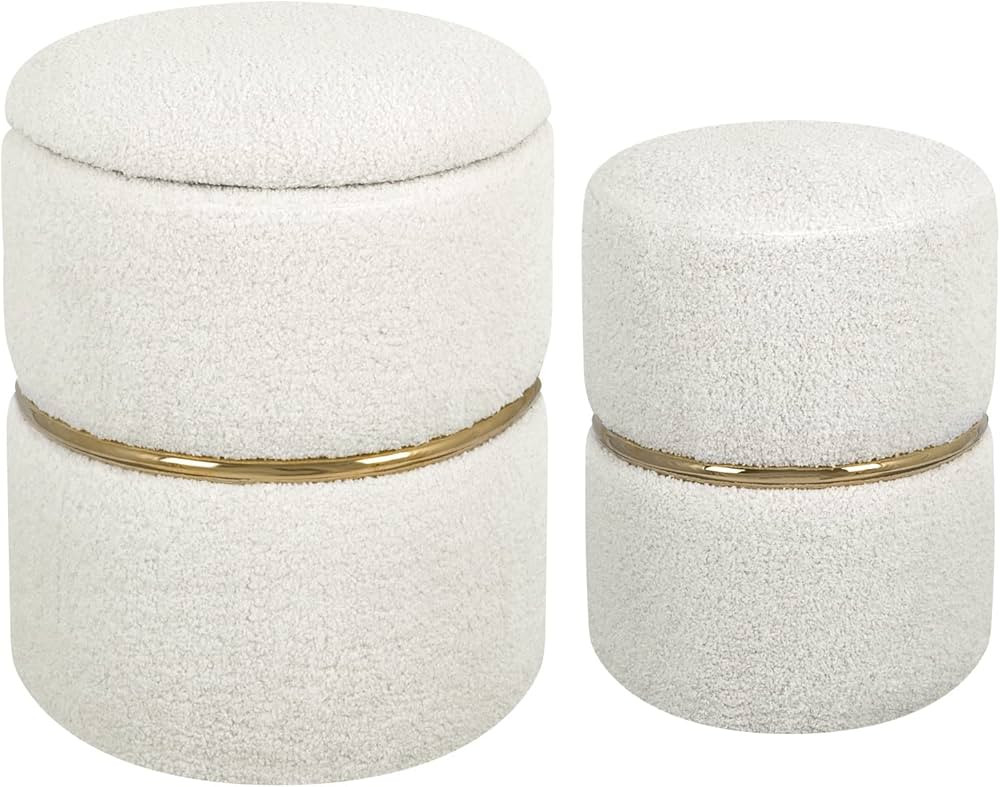 Furniliving Round Ottoman Set of 2, Faux Fur Sherpa Upholstered Storage Ottoman Vanity Stool, Foo... | Amazon (US)