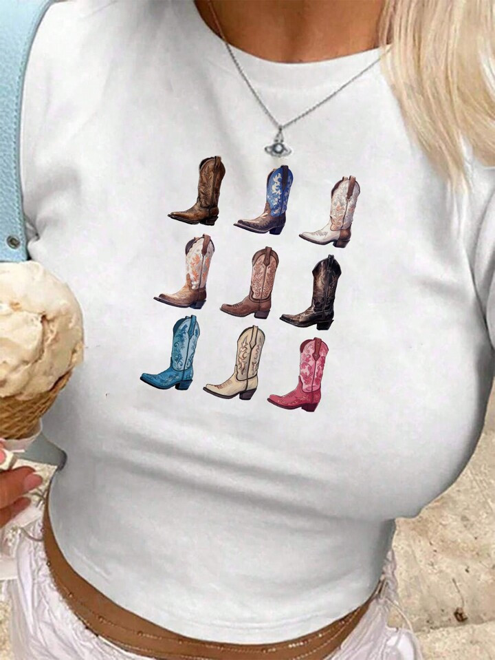 SHEIN EZwear Casual Simple Grid Cowboy Boot Pattern White Round Neck Short Sleeve Slim Fit Crop T... | SHEIN