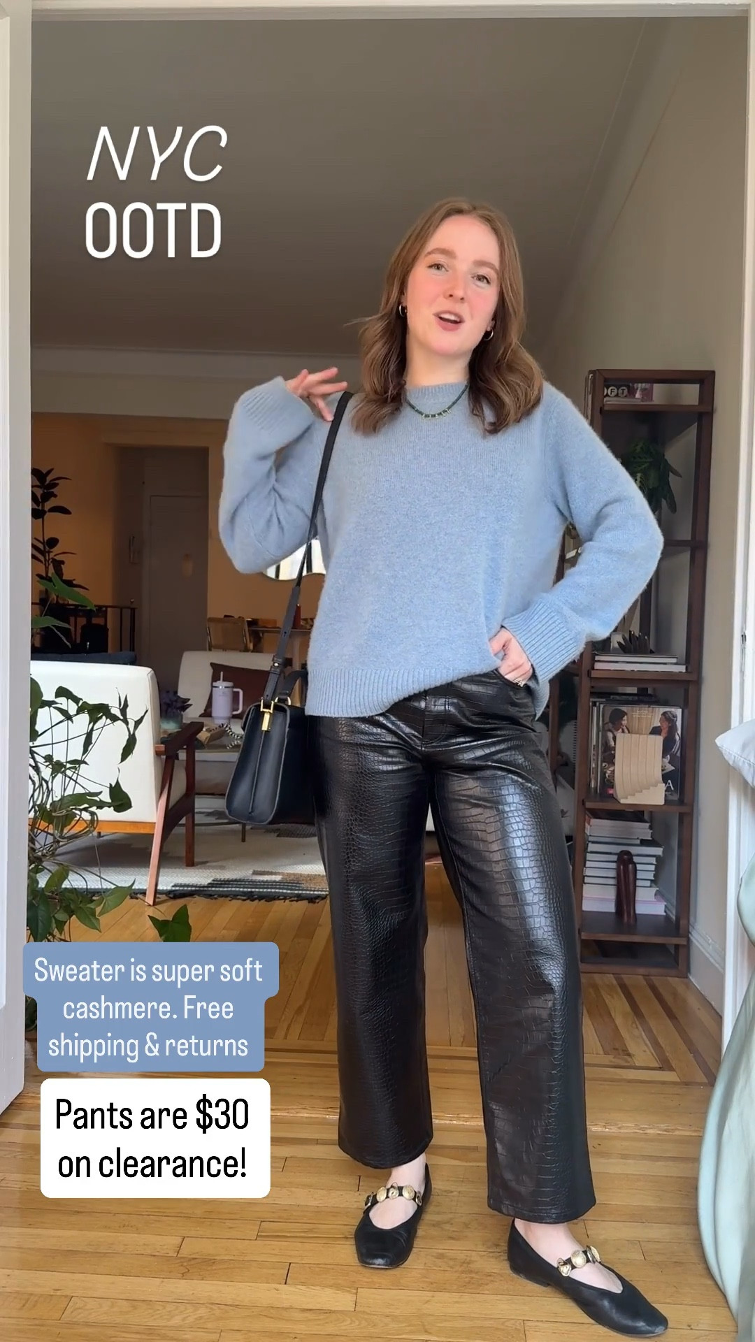 NYC ootd. Mongolian cashmere sweater xs free shipping and so soft! Pants 25 petite $30 today Love the stamped leather. 7 leather flats 10k step tested

#LTKSaleAlert #LTKPetite