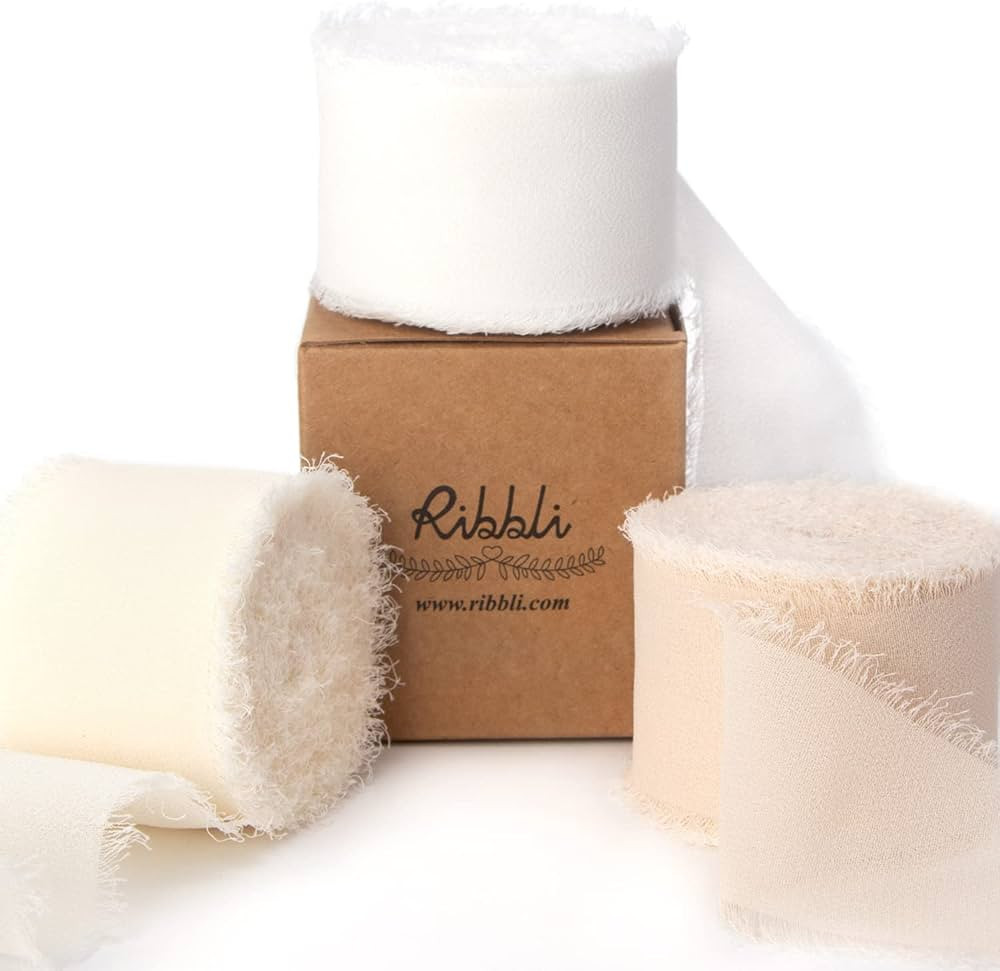 Ribbli Chiffon Ribbon 1.5 inch x 30 Yard Handmade Silk Ribbon,White/Ivory/Nude Fringe Chiffon Rib... | Amazon (US)