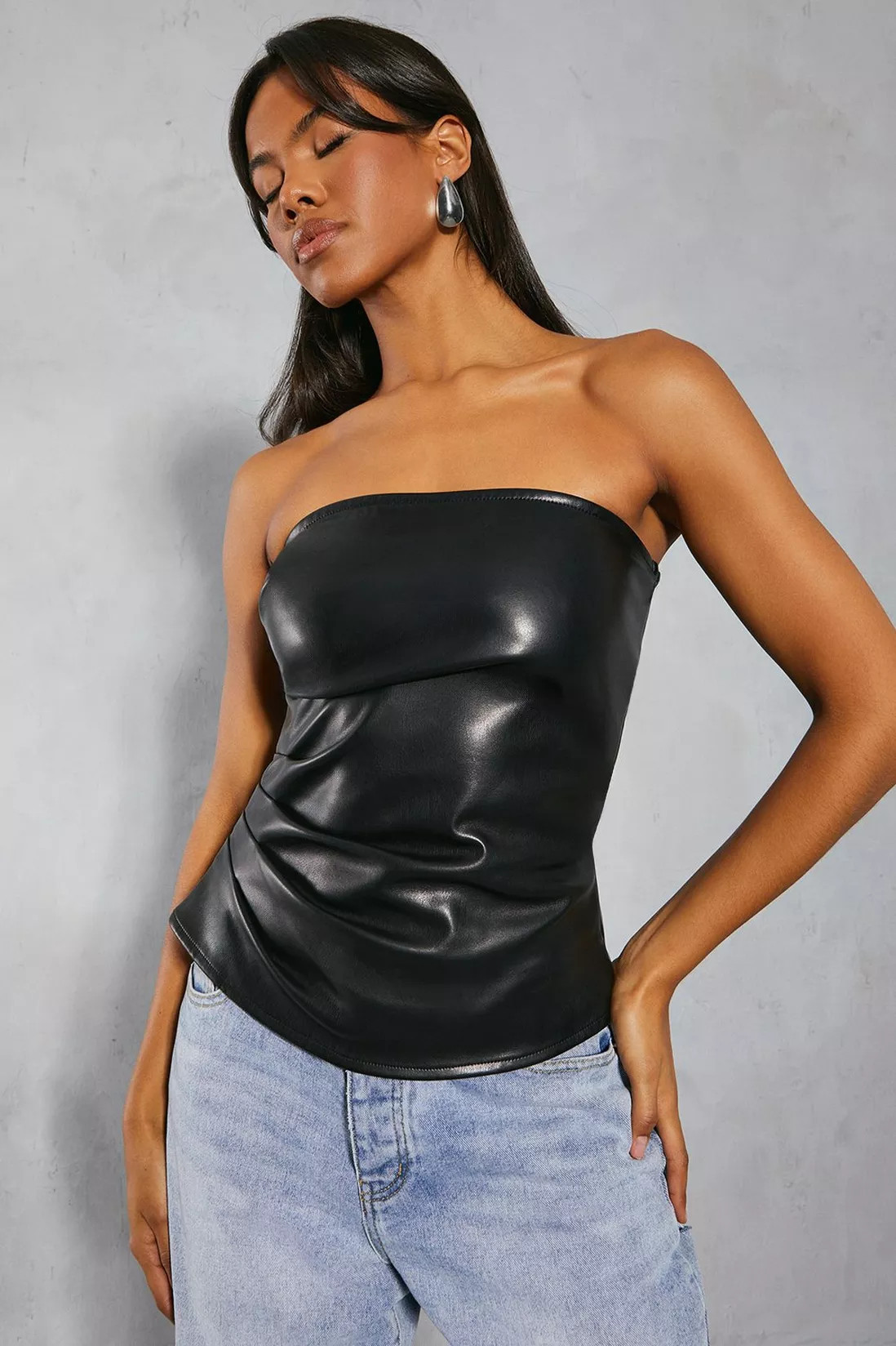 Tops | Leather Look Ruched Bandeau Top | MissPap | Miss Pap UK