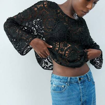New Spring And Summer Women's Tops Black Crochet Knitted Hollow Three-Dimensional Flowers Elegant Vacation Daily Leisure Modern City Suitable For Goin | SHEIN