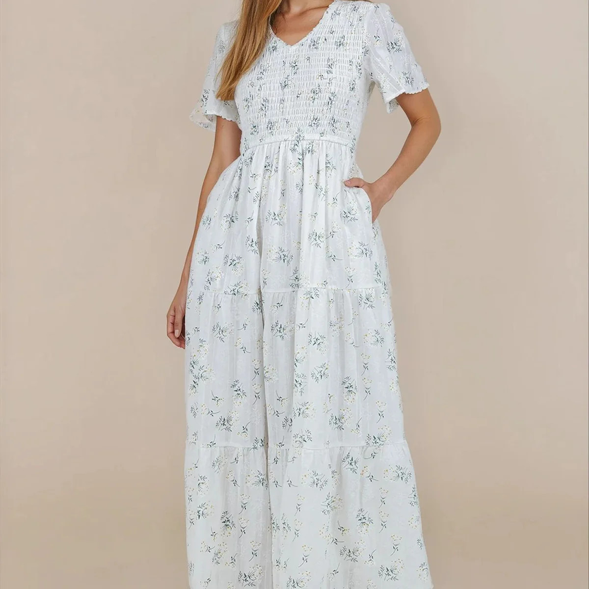 White Floral Modest Midi Dress | FEHRNVI