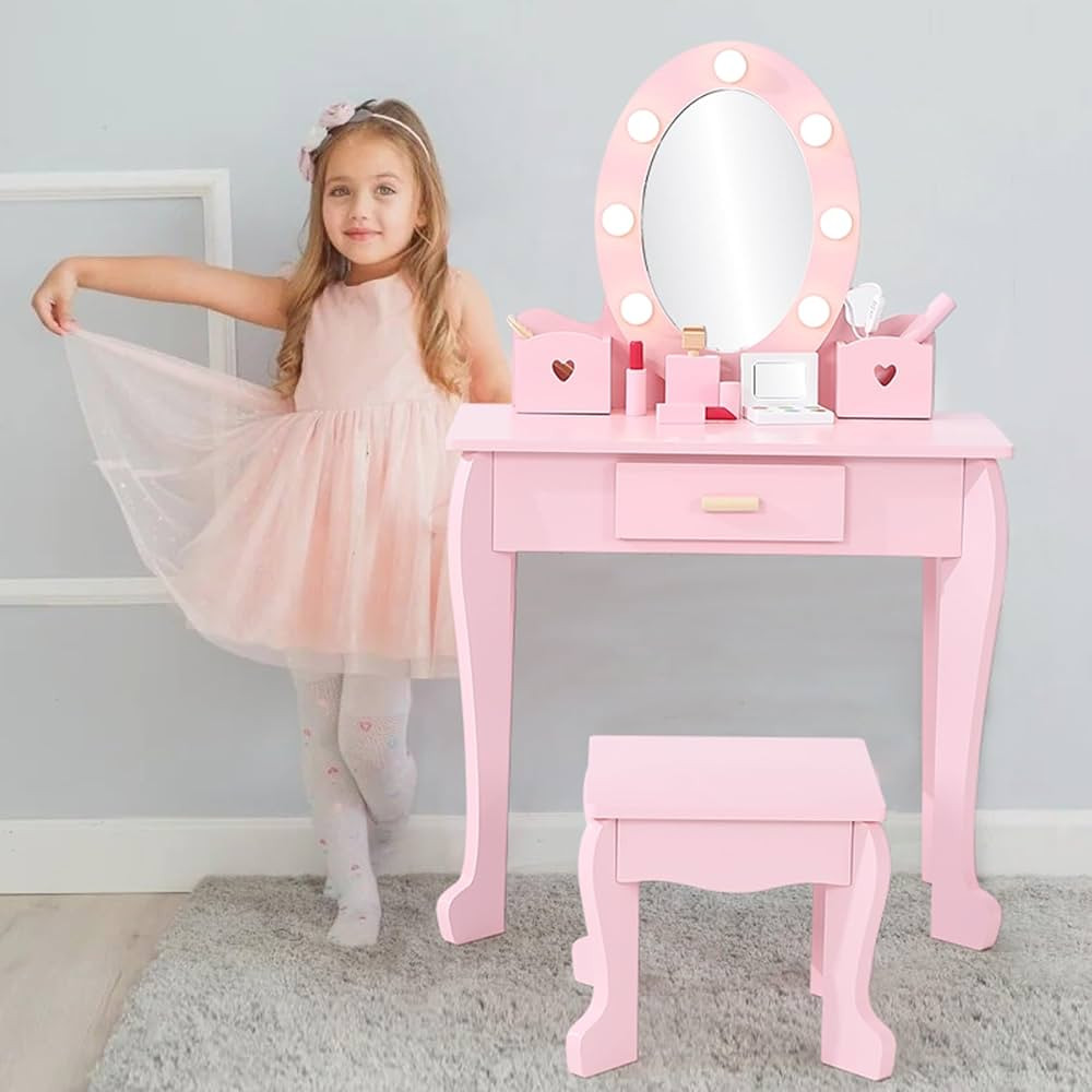 GarveeHome Kids Vanity with Lighted Mirror, Toddler Vanity Table and Chair Set, Girls Makeup Play... | Amazon (US)