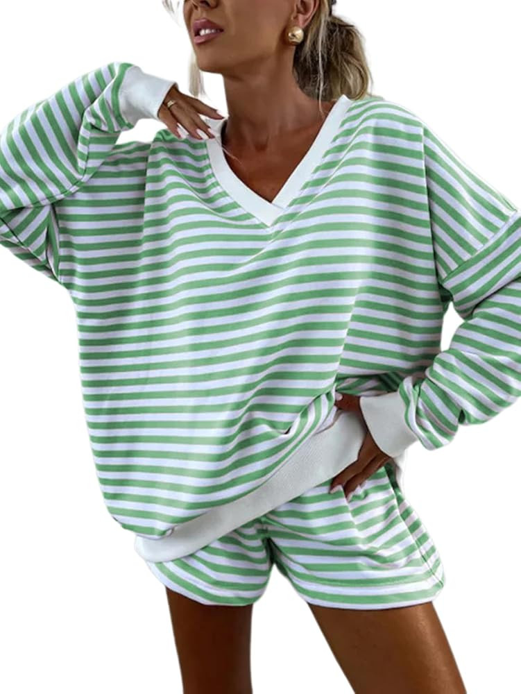 Melliflo Women 2 Piece Outfits Lounge Sets Striped Print Long Sleeve V Neck Sweatshirt and Shorts... | Amazon (US)