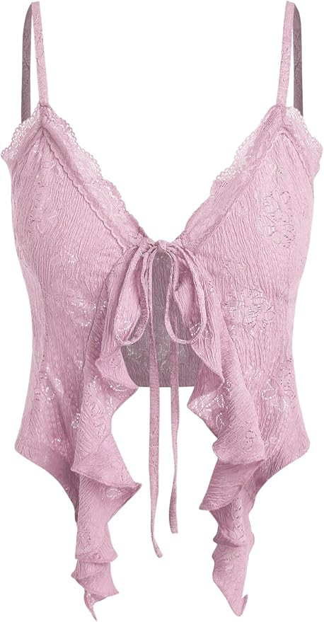 CIDER Going Out Tops for Women Y2K Tie Front Asymmetrical Ruffle Hem Lace Spaghetti Strap Cowgirl... | Amazon (US)