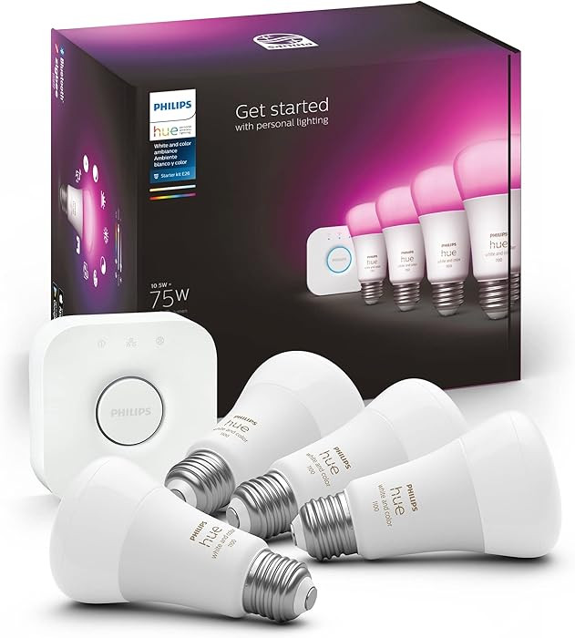 Philips Hue Smart Light Starter Kit - Includes (1) Bridge and (4) 75W A19 E26 LED Smart White and... | Amazon (US)