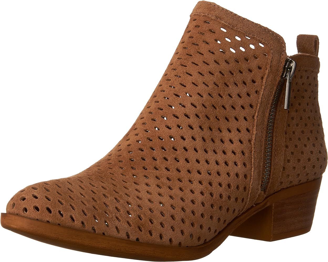 Lucky Brand Basel3 Sesame Suede Side Zip Perforated Leather Block Heel Bootie (Toffee Perf, 6.5) | Amazon (US)