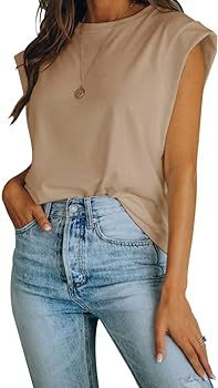Women's Cap Sleeve Tank Top Crew Neck T Shirts Loose Fit Basic Summer Casual Tee Tops Khaki | Amazon (US)