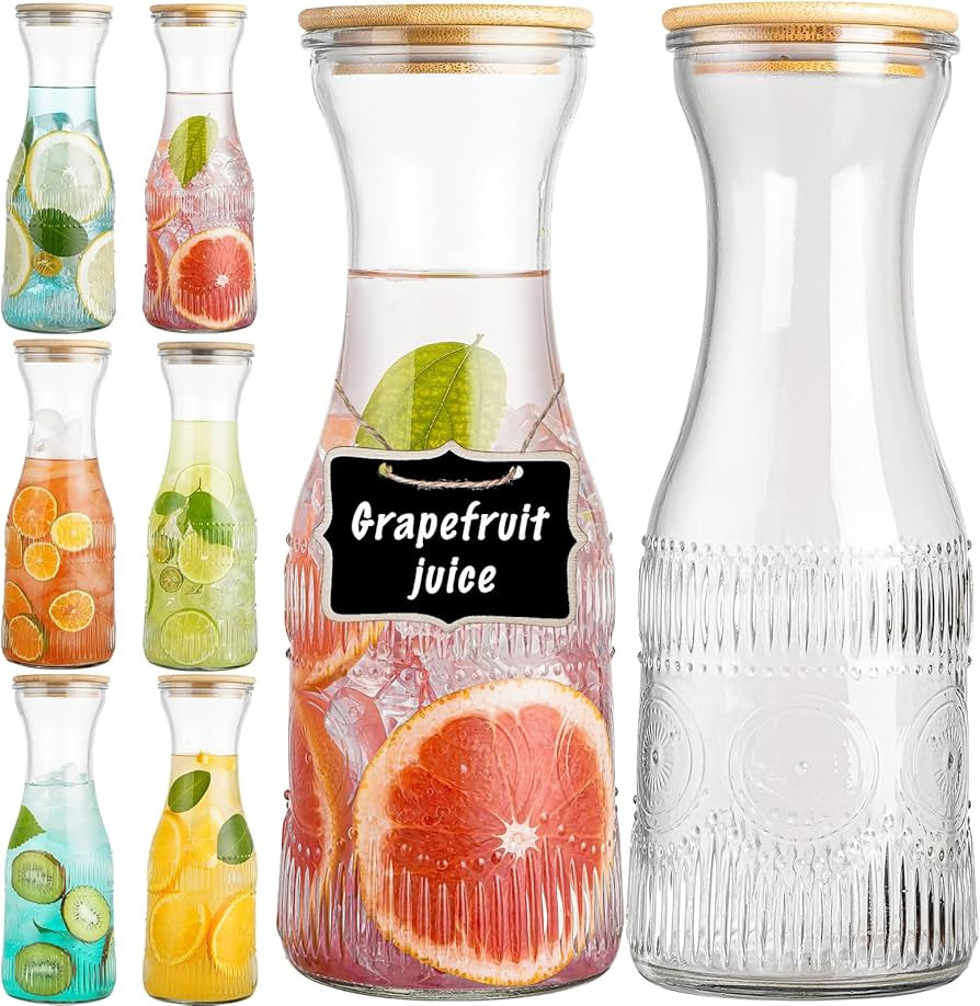 wookgreat Glass Carafe Pitchers with Lids, Set of 6 1 Liter Embossed Designed Beverage Pitcher Ca... | Amazon (US)