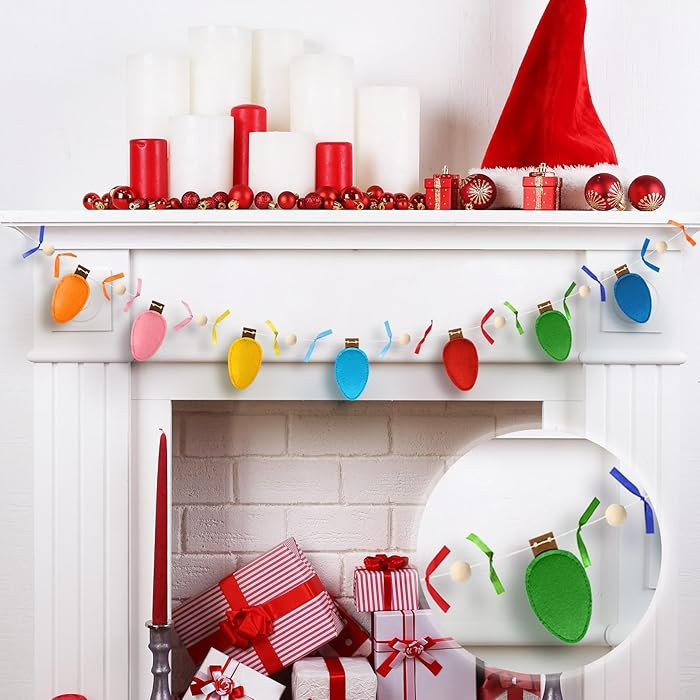 Christmas Felt 3D Light Bulbs Garland, Felt Light Bulbs Garland with Ribbon and Wood Bead for Xma... | Amazon (US)