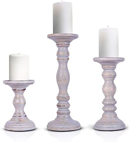Rustic Gray Pillar Candle Holders- Hand Carved Mango Wood Candle Holders for Pillar Candles in Ho... | Amazon (US)