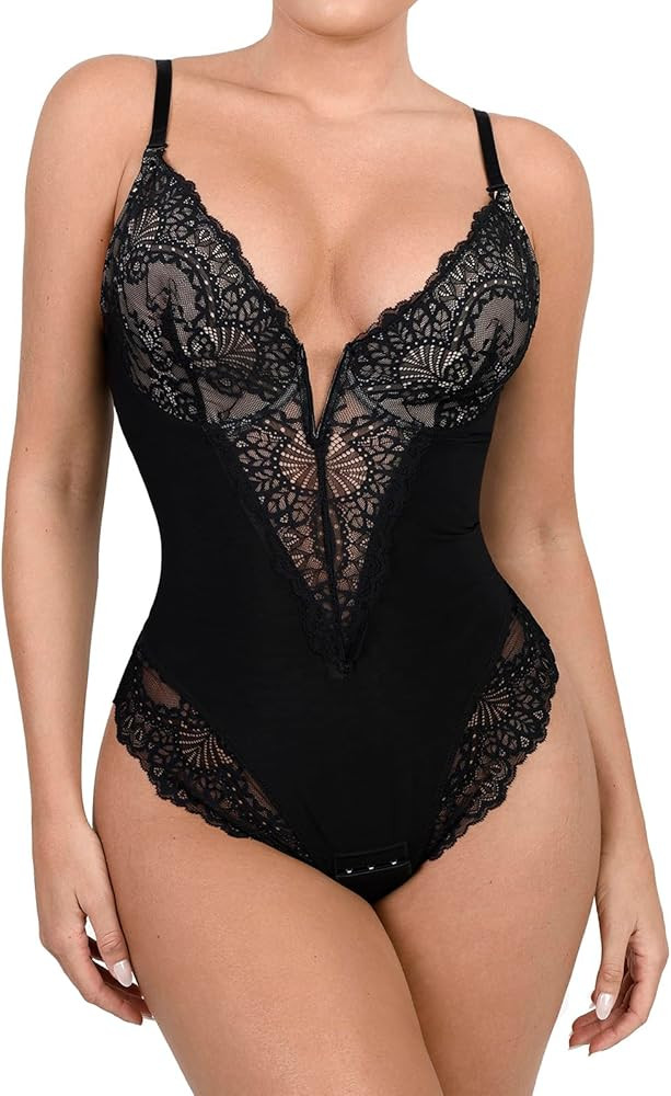 Popilush Lace Shapewear Bodysuit Women Tummy Control Backless Tank Tops V Neck Body Suit Thongs | Amazon (US)