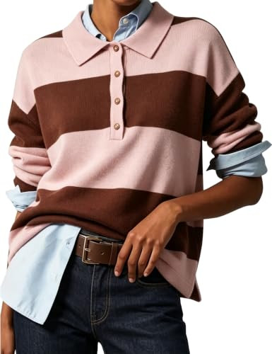 Polo Sweater Women Rugby Shirt Striped Collared Sweaters,PinkCoffe,S | Amazon (US)