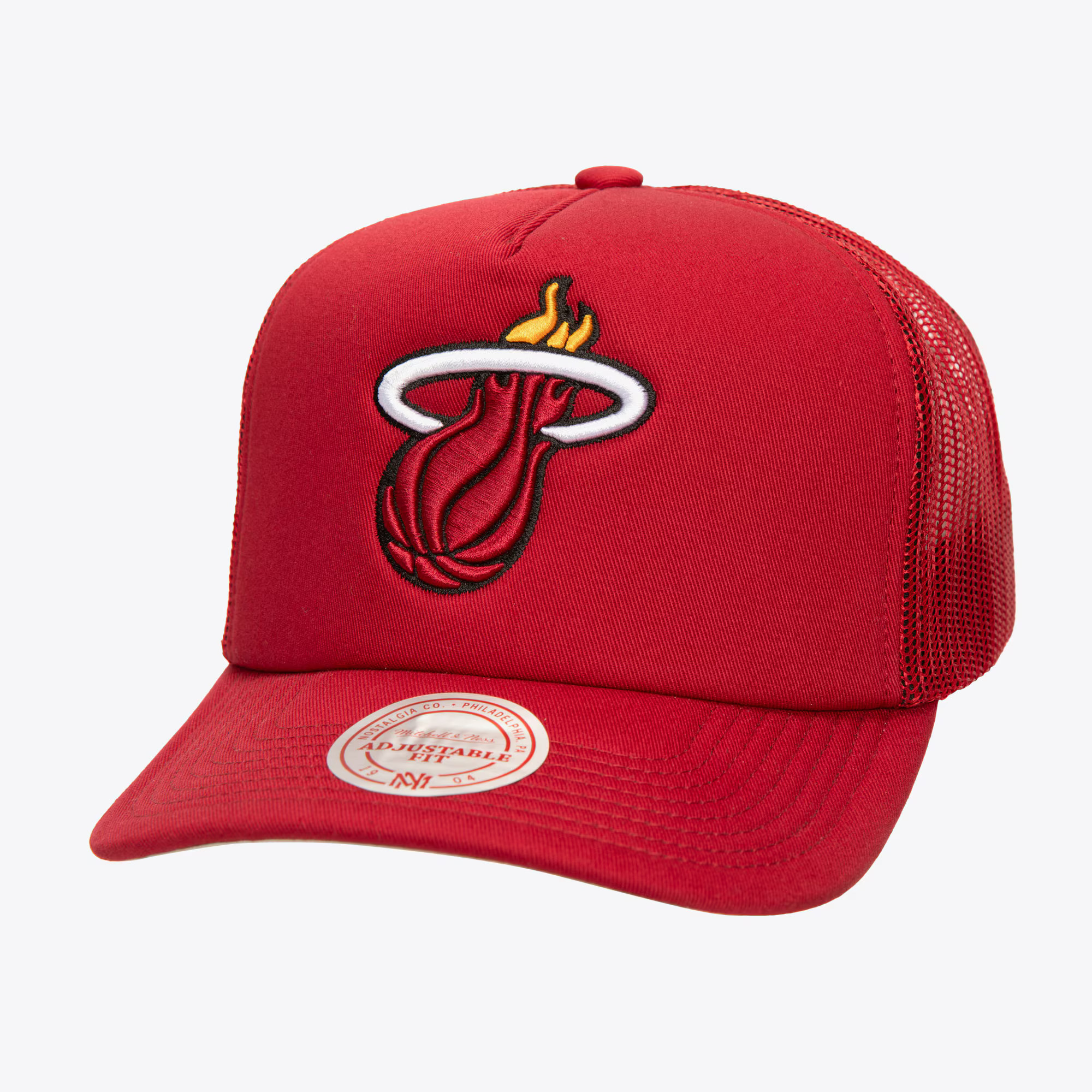 Miami Heat Red Core Evergreen Trucker Adjustable Hat | Mitchell & Ness