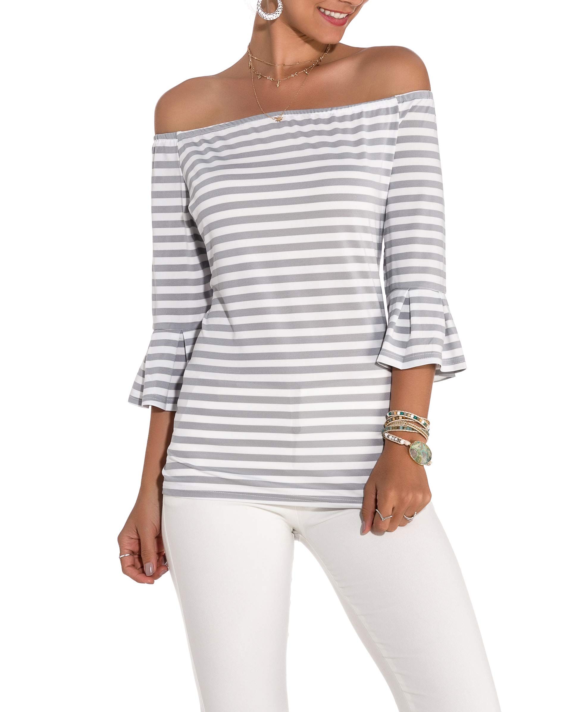 Women's Off Shoulder Tops Stretch Flared 3 4 Sleeve Striped T Shirt Blouse | Amazon (US)