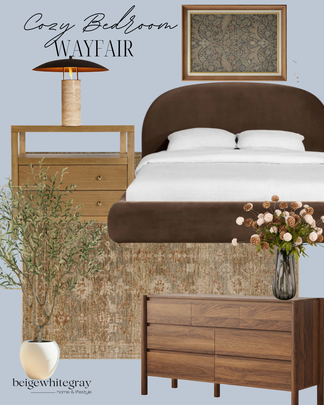 Wayfair bedroom finds, Wayfair furniture, cozy bedroom ideas, fall bedroom decor, warm neutral bedroom, brown upholstered bed, brown velvet bed, bedroom furniture finds, wood dresser, walnut dresser, bedroom area rug, vintage inspired rug, bedside table, modern table lamp, bedroom wall art, cozy bedroom aesthetic, organic modern bedroom, transitional bedroom decor, earthy bedroom ideas, warm brown bedroom, neutral bedroom inspiration, designer inspired Wayfair finds, elevated bedroom decor

#LTKHome