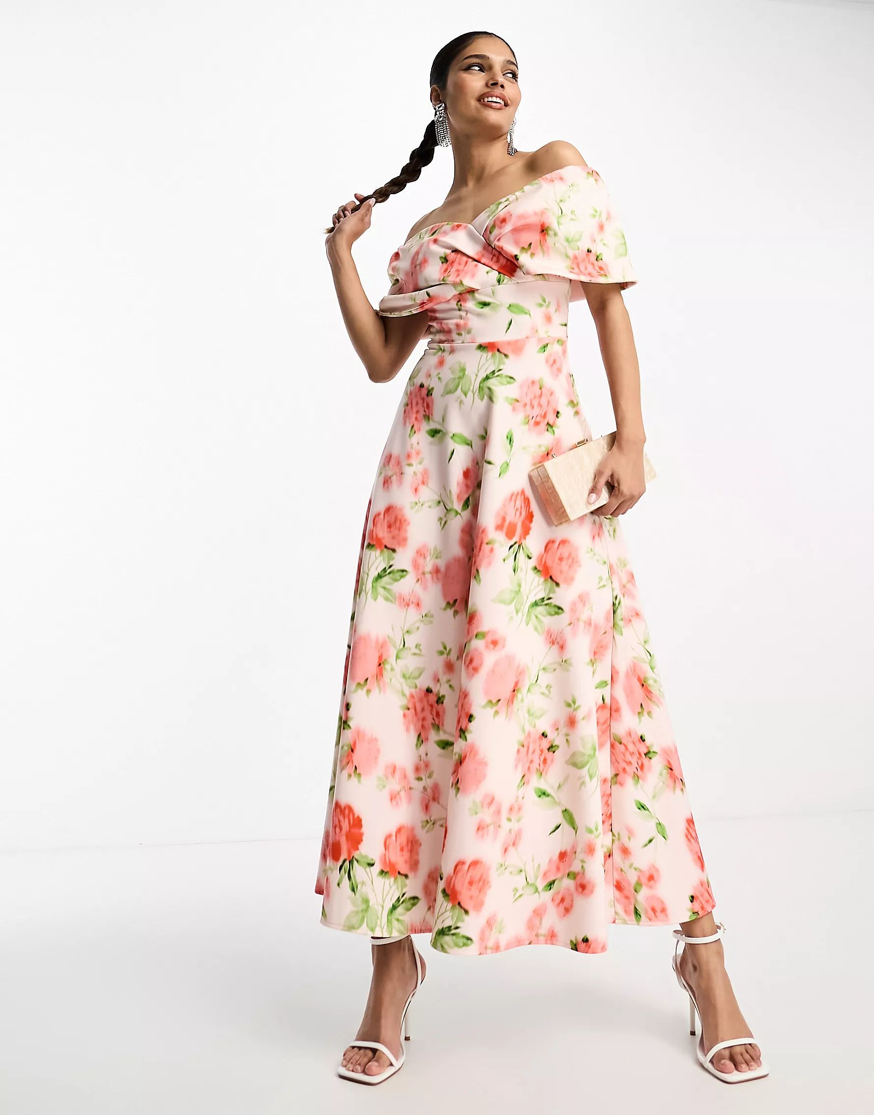 True Violet folded midi prom dress in peach floral print | ASOS (Global)