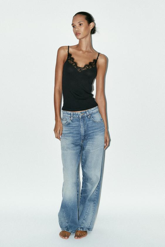 RIBBED LACE-TRIM VEST TOP | Zara UK