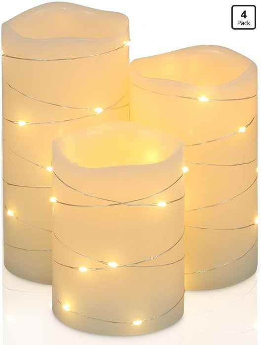 H-BLOSSOM Flickering Flameless Candles Ivory Real Wax Pillar with Embedded String Lights LED Cand... | Amazon (US)