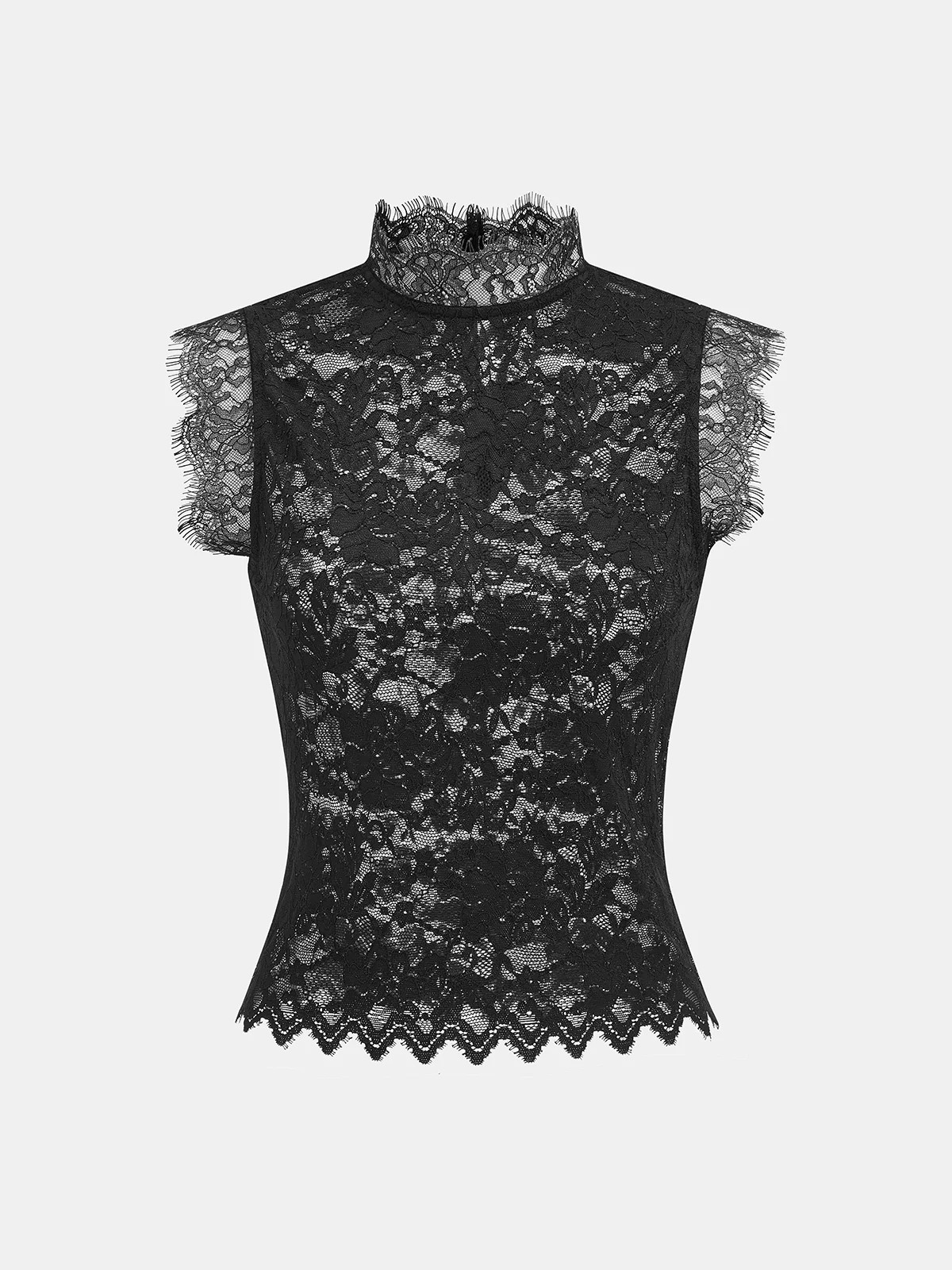 Scalloped Trim Stand Collar Lace Sleeveless Top | Commense