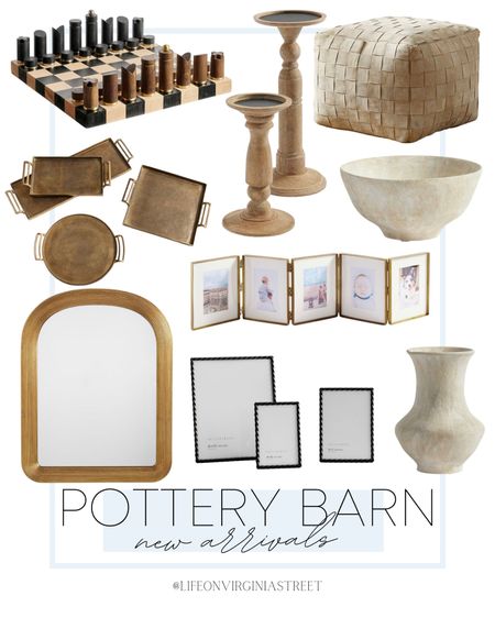 Pottery Barn has new arrivals that are absolutely perfect! I am loving all of these pieces and that they can be used year-round!

Gold wall mirror, black picture frames, white distressed vase, white decorative bowl, accordion photo frame, wood candle holder, gold decorative trays, wooden chess game, woven suede pouf

#LTKhome #LTKstyletip #LTKGiftGuide