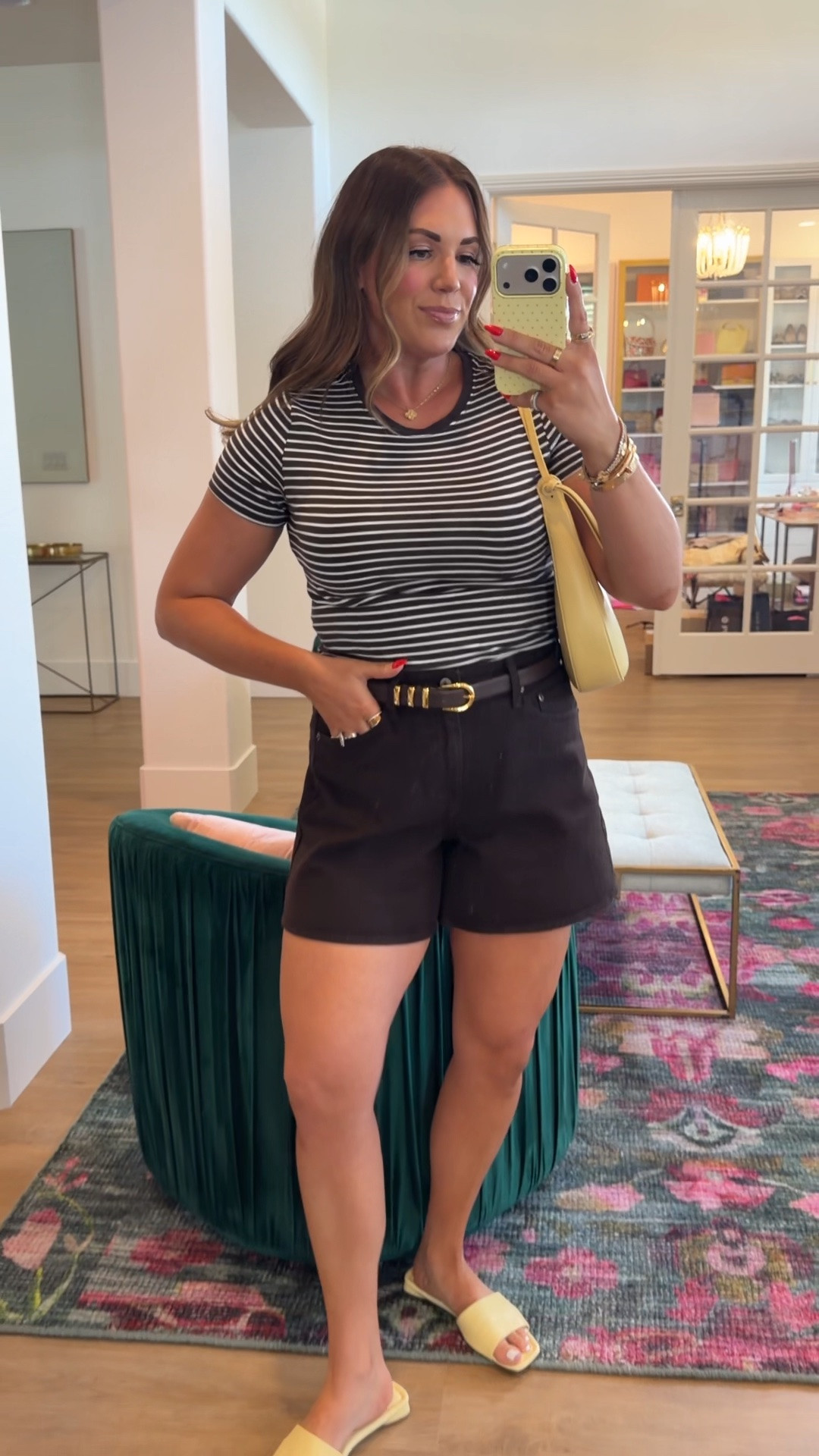 curvy midsize chocolate brown look for summer! wearing size medium in striped tee and size 30 in chocolate brown denim shorts 🤎

#LTKxAbercrombie #LTKSeasonal #LTKMidsize