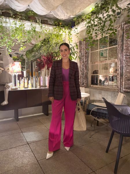 Here's a cute office outfit idea: pink wide leg pants, a burgundy plaid blazer and a purple knit bodysuit!
#workwear #businesscasual #petitestyle #fashionfinds

#LTKworkwear #LTKitbag #LTKstyletip