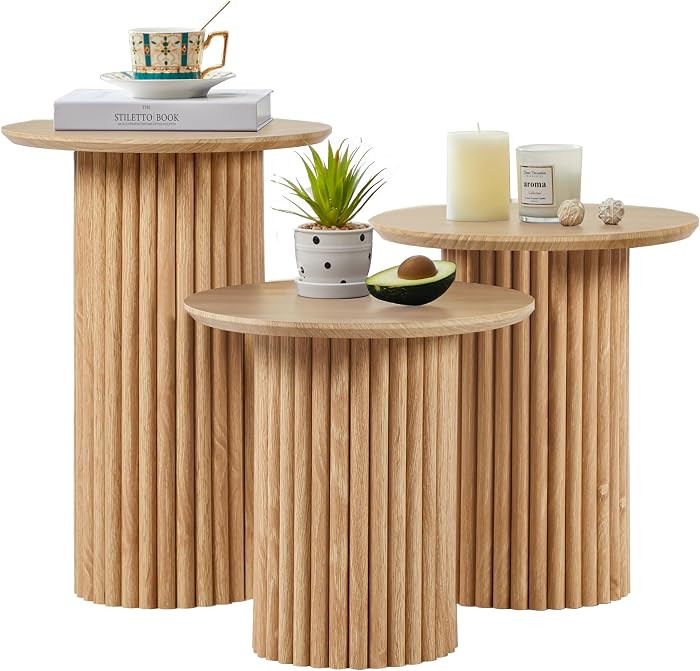 Round Nesting Coffee Table Set of 3,Mid Century Modern Fluted Coffee and End Table Set,Small Circ... | Amazon (US)