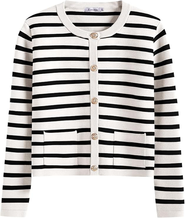 ANRABESS Women Striped Cardigan Sweaters Button Down Cropped Knit Lady Jackets Coat 2025 Fall Out... | Amazon (US)