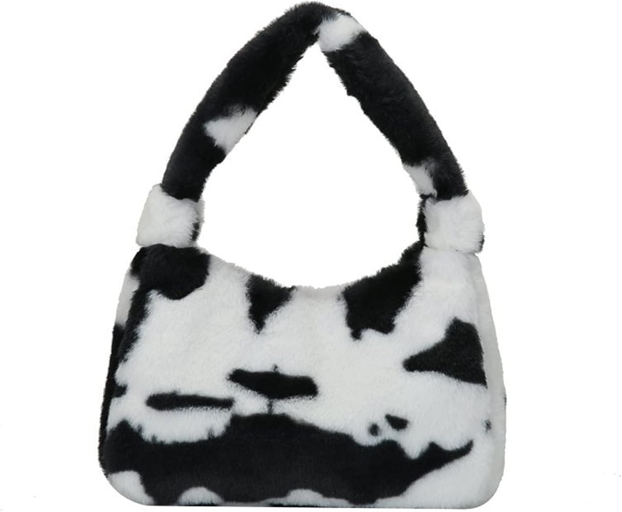 Fluffy Faux Fur Underarm Bag Fuzzy Shoulder Bag for Women Clutch Mini Plush Purse Cow Print Trend... | Amazon (US)